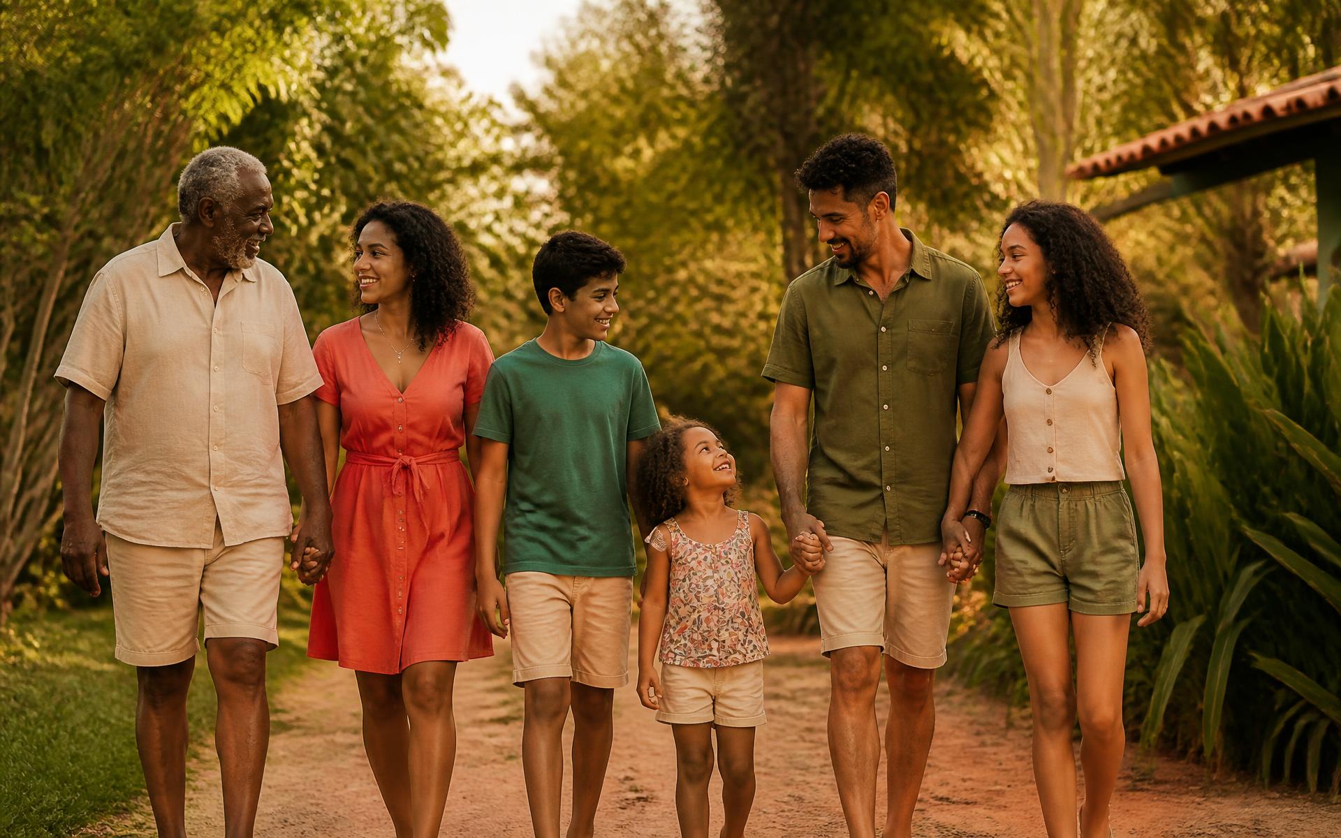 Família de diferentes gerações caminhando junta ao entardecer
